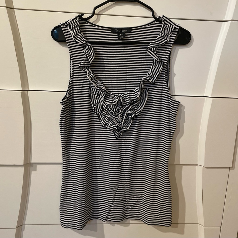 White House Black Market Black and White Striped Ruffle V-Neck Tank Top